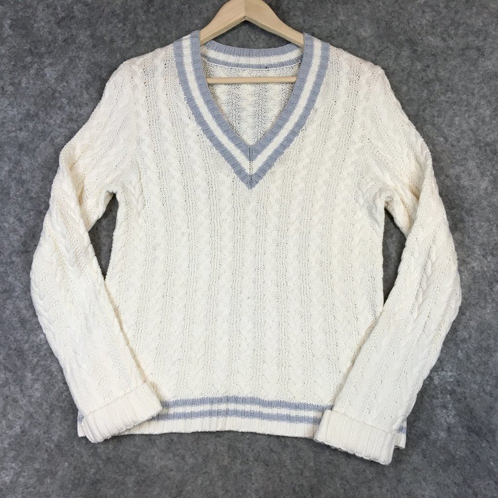 Lauren Ralph Lauren Sweater S M Preppy Cable Knit Blue Ivory V Neck Cuffed Braid - Picture 1 of 11